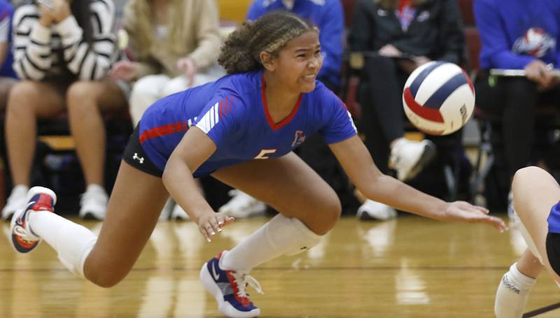 Lakes’ Brynn Skinner digs the ball during a nonconference volleyball match against Richmond-Burton on Monday, Sept. 29, 2025, at the Richmond-Burton High School in Richmond.