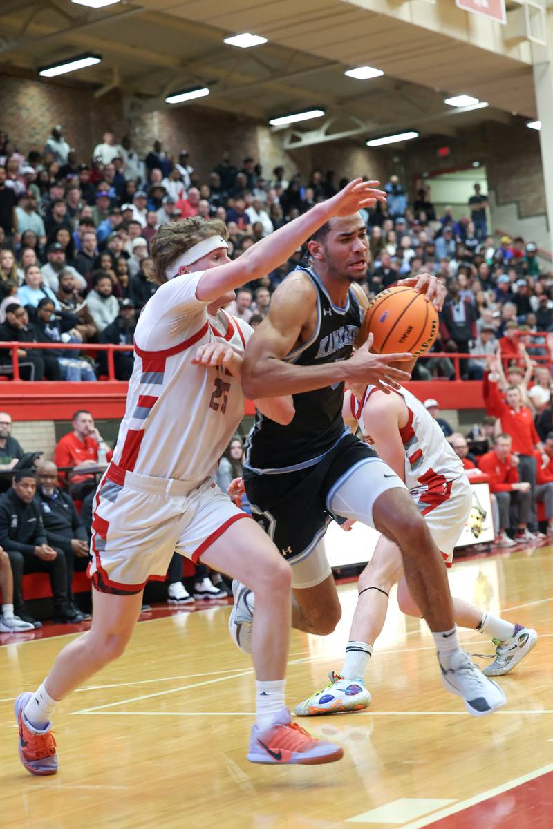 Kankakee's EJ Hazelett drives to the lane during the Kays' 61-48 loss to Morton in the IHSA Class 3A Ottawa Sectional championship on Friday, March 6, 2026.