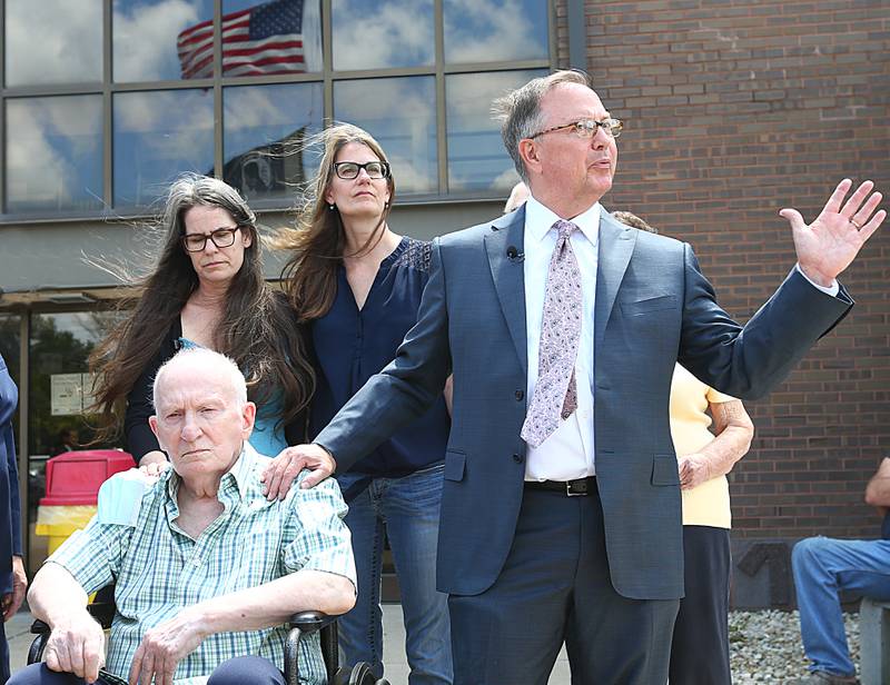 Chester Weger, his family and his attorney Andy Hale speak outside the La Salle County Government Complex on Monday, Aug. 1, 2022 in Ottawa.