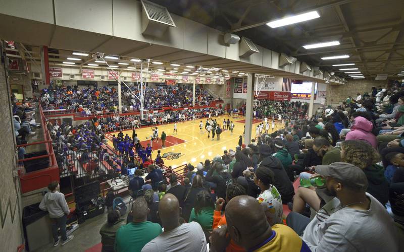 A packed house at Ottawa’s Kingman Gym Monday during the Super Sectional game between Peoria Richwoods and Thornton Township at Ottawa.