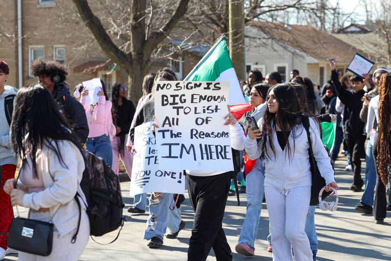 Kankakee High School students participate in a walkout in protest of national immigration policies and Immigration and Customs Enforcement actions on Friday, Feb. 13, 2026.