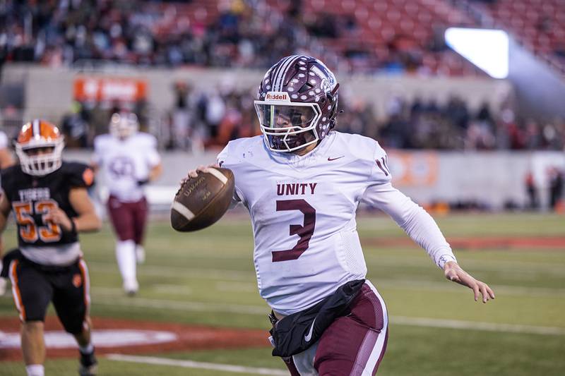 Tolono-Unity's Dane Eisenmenger Friday, Nov. 28, 2025, in the Class 3A football finals at Hancock Stadium at ISU.