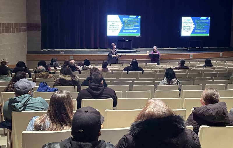 Sara Escatel translator and Immigration attorney Sara Dady hold a presentation on Thursday, Feb. 20, 2025 at Mendota High School auditorium. Dady talked about understanding and knowing their rights as immigrants.