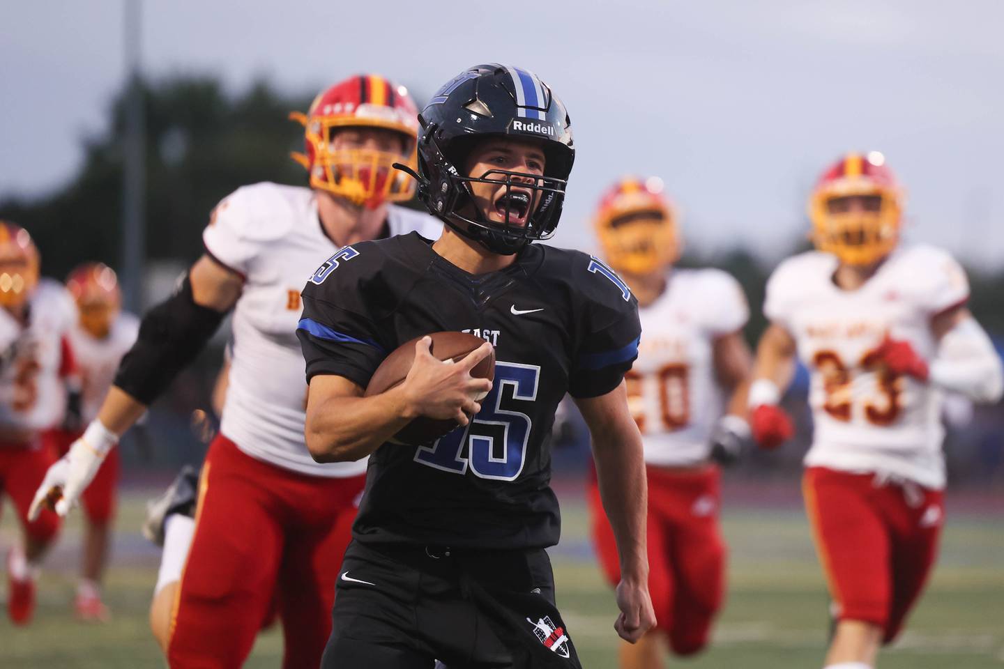 Lincoln-Way East’s quarterback Braden Tischer scores uncontested on a 55 yard run against Batavia. Friday, Sept. 2, 2022, in Frankfort.