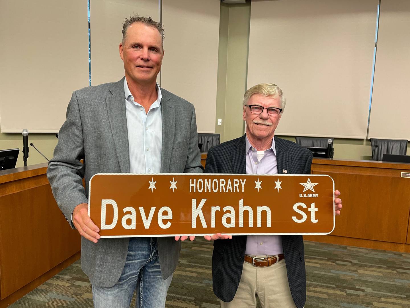Oswego Village Board members honored long-time Village Official Dave Krahn with a street named after him at an Aug. 23 2022 Village Board meeting. (left to right: Village President Troy Parlier and Dave Krahn)