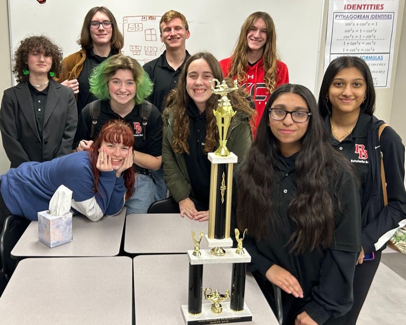 The BBCHS A Team took second place in 28-team Scholastic Bowl tournament on Saturday. Pictured from left are: Grace Sadler, Saloni Patel (front row); Mikayla Keast, Libby Johnson, Stella McMullen, Jiya Rana (middle row); and Gavin Quinlan, Quinn Meadows and Xavier Schultz (back row). Not pictured teammates include: Emily Lyle, Pine Kimery, Robbie Busick, Jack Schelling, Nick Coradetti, Max Schmit, Kylee Stone and LilyAnne Daniels.