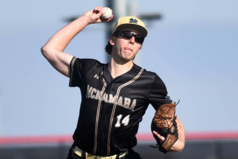 Bishop McNamara's Callaghan O'Connor throws a pitch during a game at Bradley-Bourbonnais Saturday, March 28, 2026 at 315 Sports Park in Bradley.