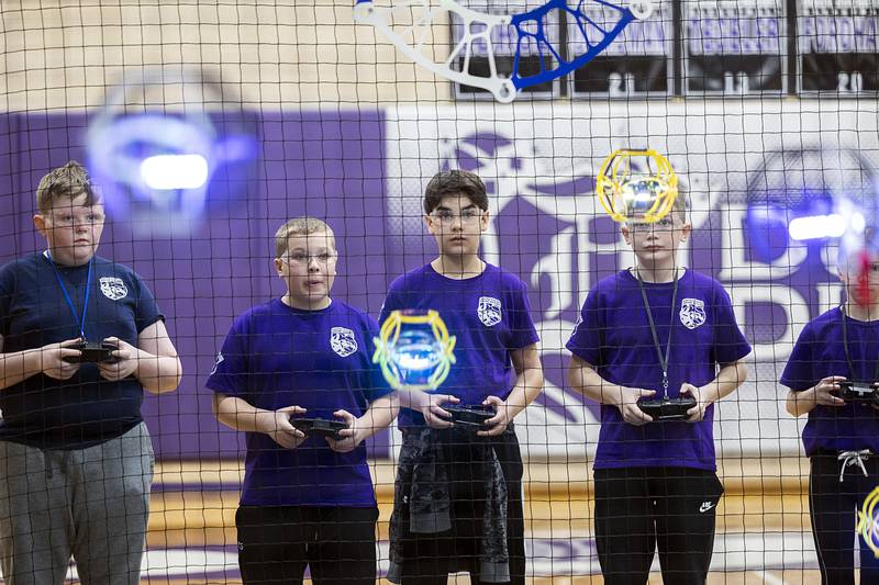 RMS Pharaohs team members Jake Lohse (left) Cade Kirchhoff, Carter Rhodes, Jacob Wendt and Lily Haws concentrate as they go for the win in the District VI championship Saturday, Feb. 24, 2024.