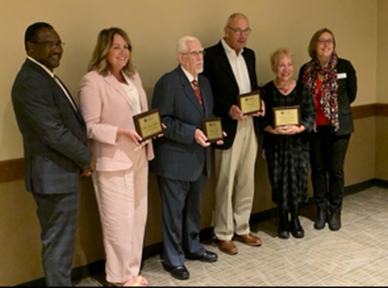 (From left) Andover Tarhule, president, Illinois State University; Leslie Gallardo, inductee; Robert Glaser, inductee; Fred Lutgens, inductee; Juana Gergen, inductee, and Heather Dillaway, dean, College of Arts and Sciences, pose for a photo during Illinois State University's induction ceremony.