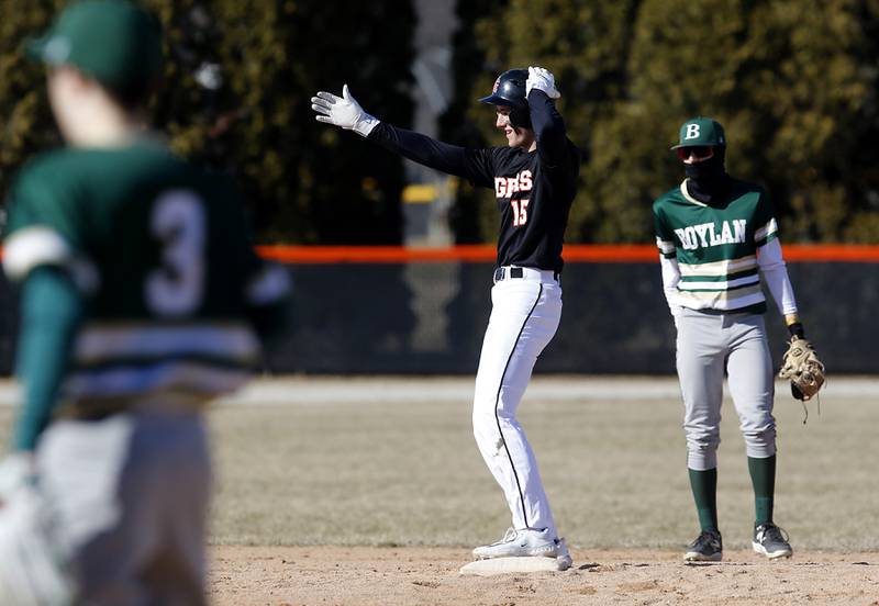 Crystal Lake Central's Connor Gibour celebrates a double during a nonconference baseball game against Boylan Wednesday, March 29, 2023, at Crystal Lake Central High School.