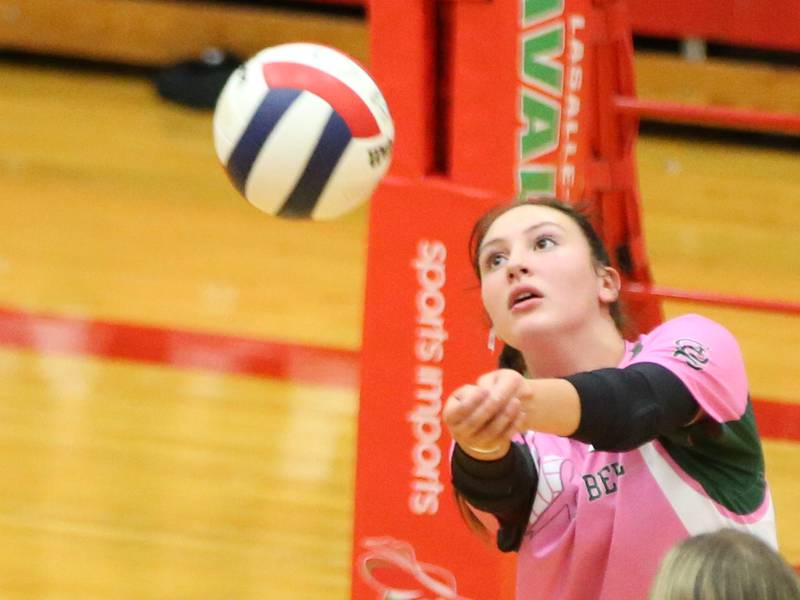 St. Bede's Aubree Acuncius sends the ball back to the L-P side of the net during the "Cavs 4 A Cause" pink night game on Tuesday, Sept. 26, 2023 at Sellett Gymnasium.