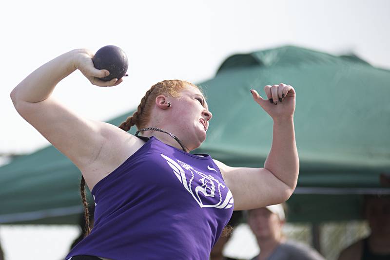Dixon's Makenzie Welch throws the shot at the 2A track sectionals in Geneseo on Wednesday, May 11, 2022.