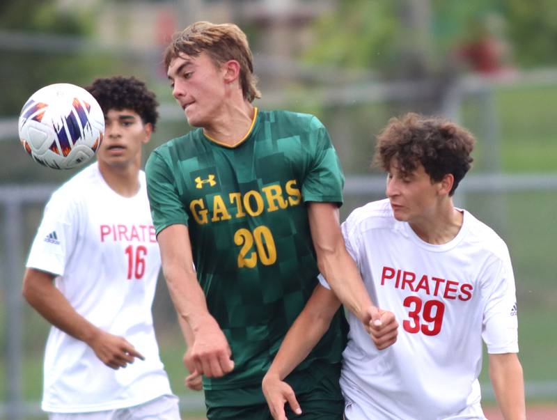 Crystal Lake South’s Vince Santarelli, center, fights through traffic against Palatine in varsity boys soccer at Ray Porten Field on the campus of Wauconda High School in Wauconda on Wednesday, Sept. 3, 2025.