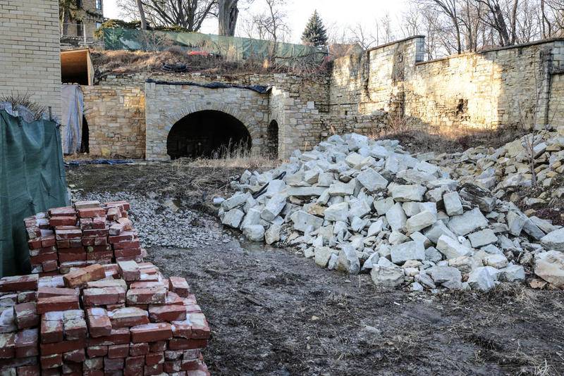 Joliet limestone and brick lies in a pile Tuesday in the footprint of the future Bishop's Hill Winery in Joliet.