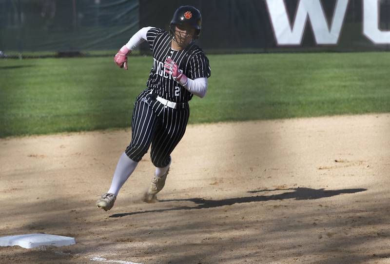Crystal Lake Central's Ella Arana rounds third base on her way to scoring a run during a Fox Valley Conference softball game against Prairie Ridge on Monday, April 20, 2026, at Prairie Ridge High School.