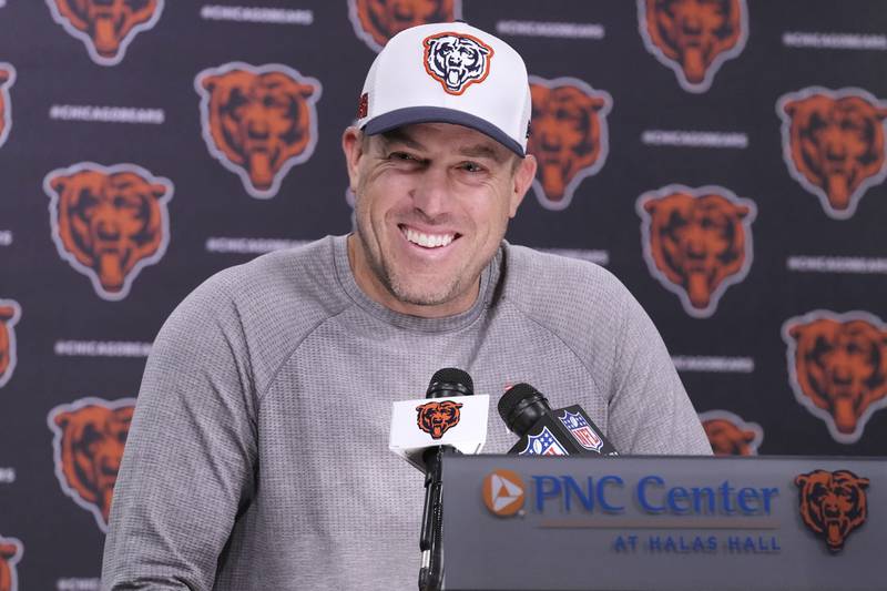 Chicago Bears quarterback Case Keenum talks to media at a news conference after NFL football practice in Lake Forest, Ill., Wednesday, May 28, 2025. (AP Photo/Nam Y. Huh)