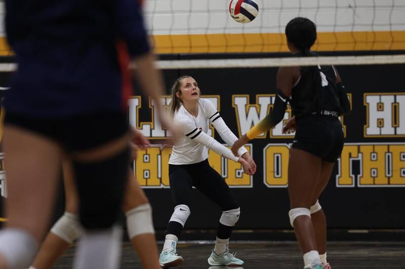 Joliet West’s Sidney Barlog receives the serve against Romeoville on Thursday, Sept. 5, 2024 in Joliet.