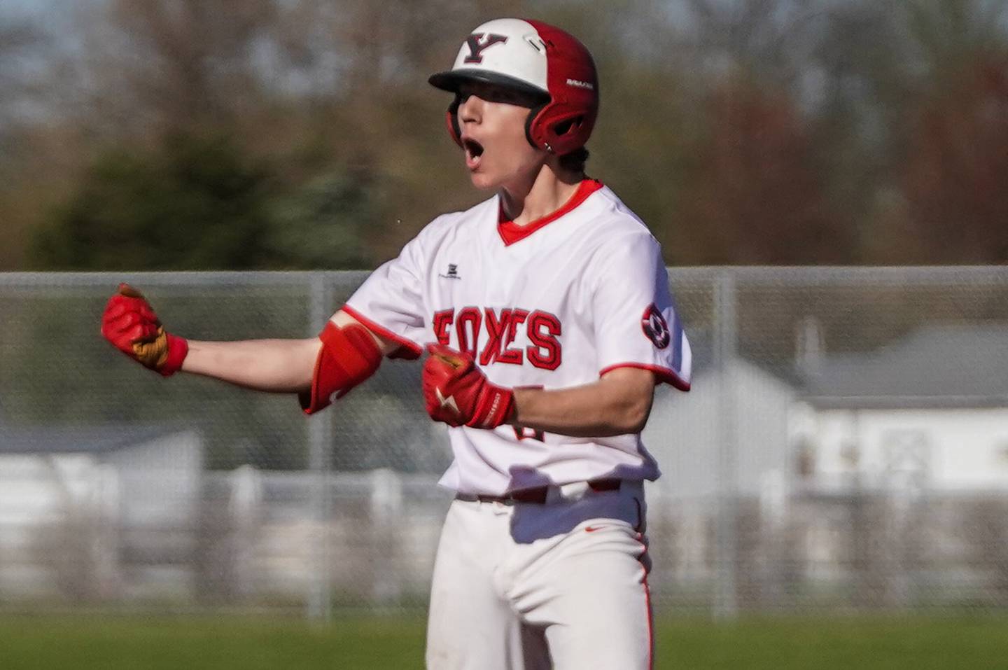 Yorkville's Jacob Cronshaw (8) reacts after hitting a two run single against West Aurora during a baseball game at Yorkville High School on Monday, April 15, 2024.