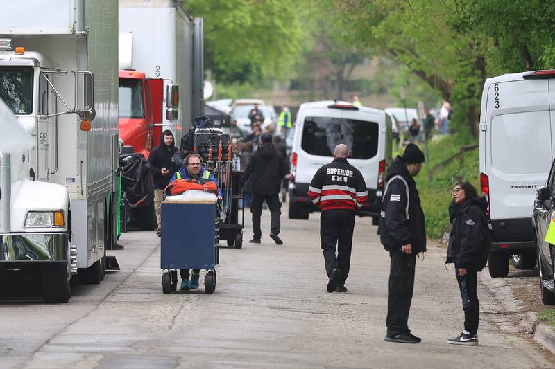Film crews work along the 500 block of North Bluff street on Monday, April 27, 2026 in Joliet. HBO began filming the pilot for “American Blue” that follows a police chief retuning to Joliet to take over the police department.