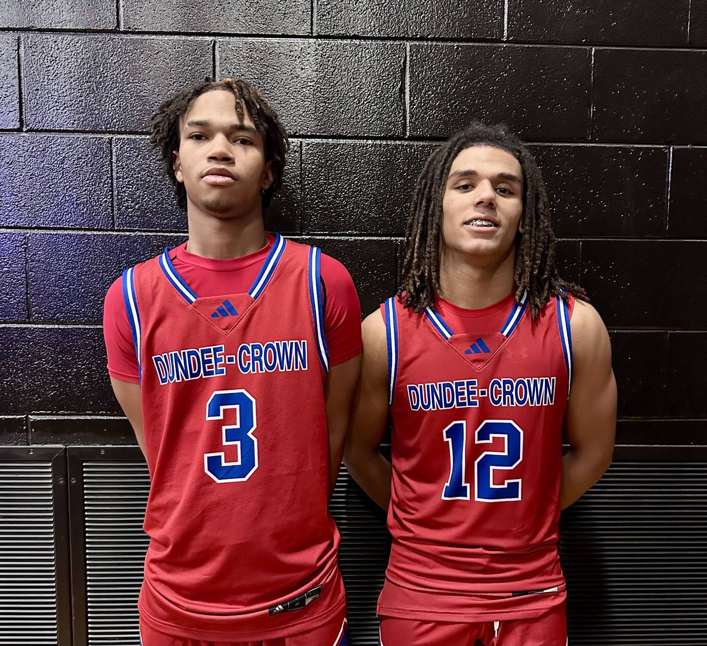 Dundee-Crown's Rasheed Trice and Anthony Spain (left to right) combined for 45 points and 9 rebounds during the team's game against Rochelle on Wednesday.