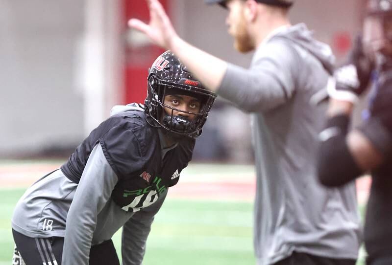 Northern Illinois cornerback Cam'Ron Dabney works through a drill during their first spring practice Wednesday, March 22, 2023, in the Chessick Practice Center at Northern Illinois University in DeKalb.