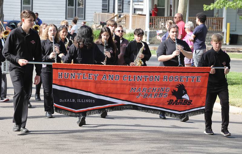 The Huntley and Clinton Rosette Marching J-Barbs play Monday, May 29, 2023, during the DeKalb Memorial Day parade.