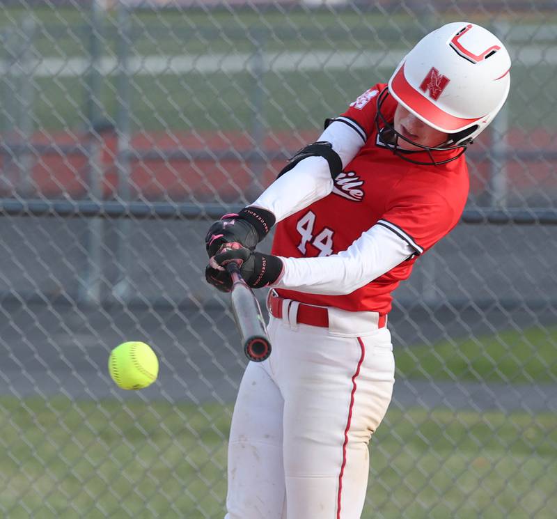 Naperville Central's Cali Lenz takes a cut Wednesday, April 16, 2025, during their game at DeKalb High School.