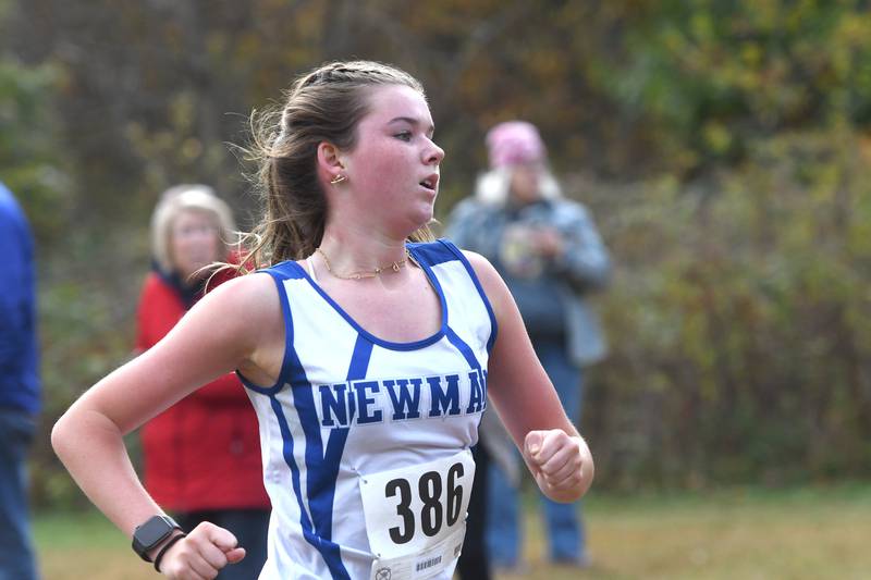 Sterling Newman's Grace King sprints to the finish line of the 1A Winnebago Girls Regional on Saturday, Oct. 25, 2025 at the Levi and Ester Fuller Memorial Forest Preserve.