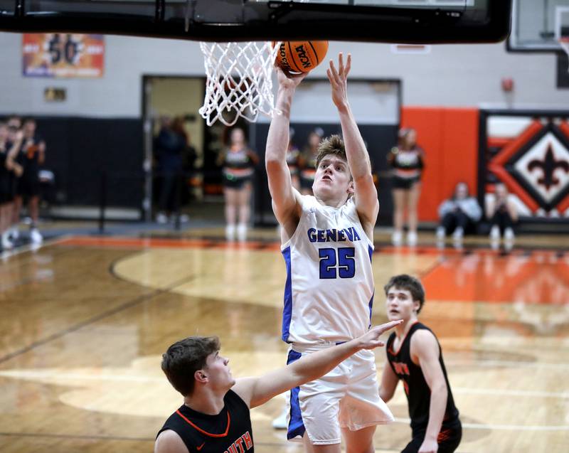 Geneva’s Hudson Kirby puts up a shot during a Class 4A St. Charles East Sectional semifinal against Wheaton Warrenville South on Wednesday, March 5, 2025 in St. Charles.