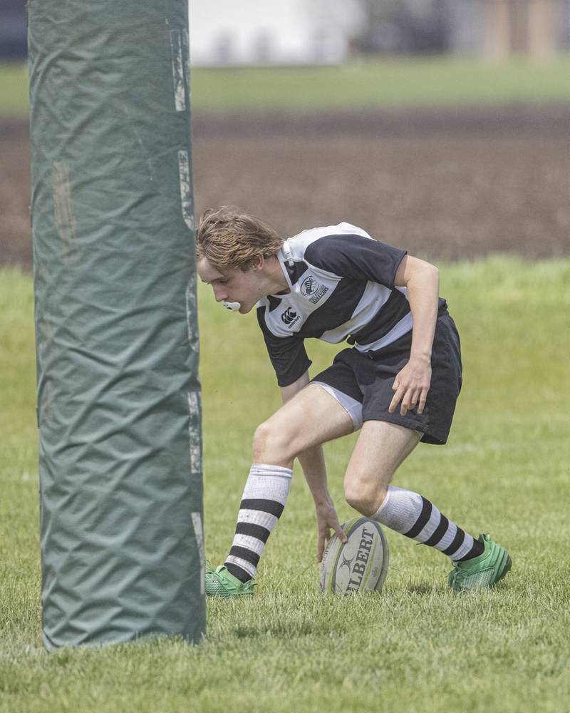 Dominic Parrino of the West Suburban Barbarian's scores a try, awarding the Barbarians five points in the game against the Stallions Rugby Club at Veterans Park on April 28, 2024.
