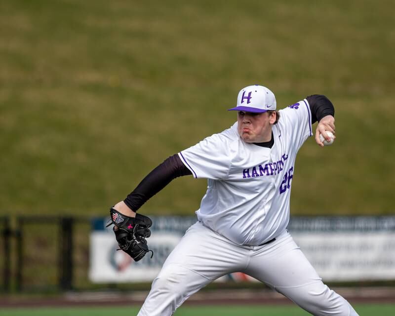 Hampshire's Jack Schane (26) delivers a pitch during baseball game between Dixon at Hampshire.  March 28, 2024