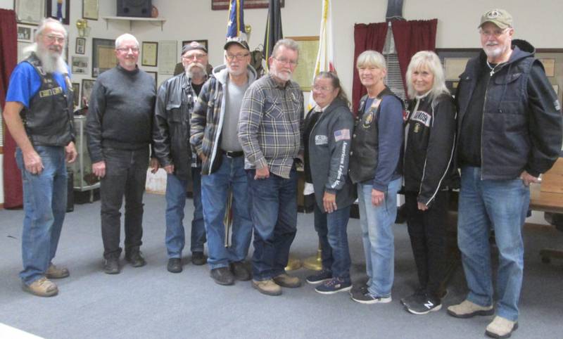 Pictured are the 2023 officers for the American Legion Riders Post #181 of Sandwich: from left, Bob Lawrence, director; Mike Rennels, chaplain, webmaster/public relations; Rich Arnett, run coordinator; Bill Kolb, sergeant-at-arms; Henry Herbst, assistant director; Sally Kolb, secretary, treasurer; Sandy Lawrence, membership; Cherie Mauer, historian; and Bob Mauer, security.
