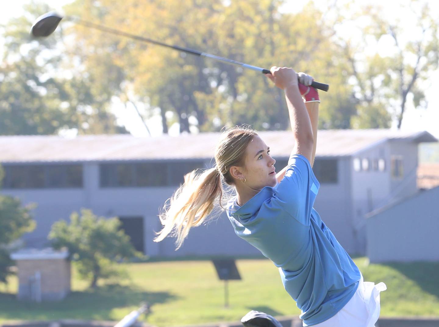 Marquette's Lillian Pollnow tees off during Class 1A regionals on Tuesday, Sept. 30, 2025, at Spring Creek Golf Course in Spring Valley.