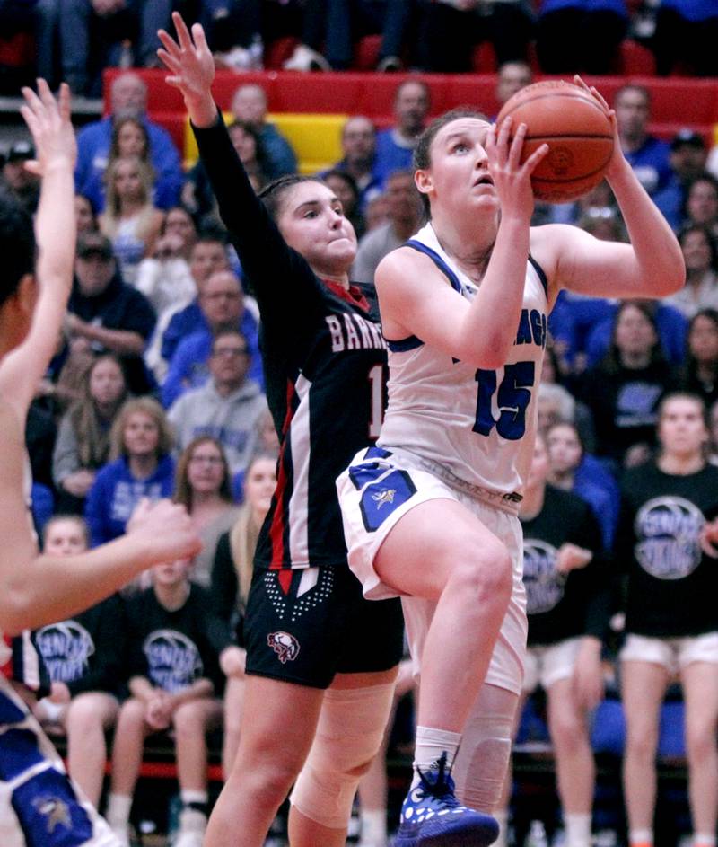 Geneva’s Cassidy Arni goes up for a shot during the Class 4A Schaumburg Supersectional against Barrington on Monday, Feb. 27, 2023.