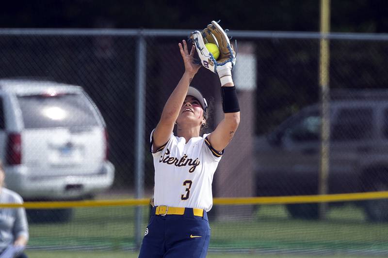 Sterling’s Lily Cantu hauls in a pop-up against Rochelle Tuesday, May 27, 2025, during a Class 3A Regional softball game in Dixon.