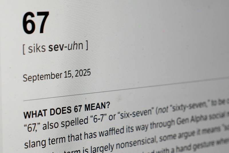 This Dictionary.com page shows the newest word of the year "6-7" on a computer screen, Thursday, Oct. 30, 2025, in Chicago. (AP Photo/Kiichiro Sato)