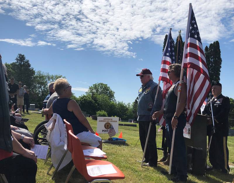On May 29, Antioch Memorial Day Ceremony, members of the American Legion and VFW, with support from the Village of Antioch, Antioch Township, Antioch Chamber of Commerce, Lakes Regional Historical Society, and several other Antioch businesses, clubs, and organizations, conducted the third annual Antioch Memorial Day Ceremony at Hillside Cemetery, Antioch. Here, members of the Patriot Guard pay respects to members of Sgt. James Waters' family.