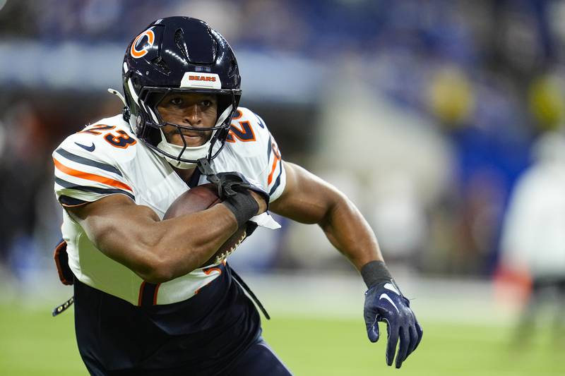 Chicago Bears running back Roschon Johnson (23) before an NFL football game against the Indianapolis Colts in Indianapolis, Sunday, Sept. 22, 2024. (AP Photo/Michael Conroy)