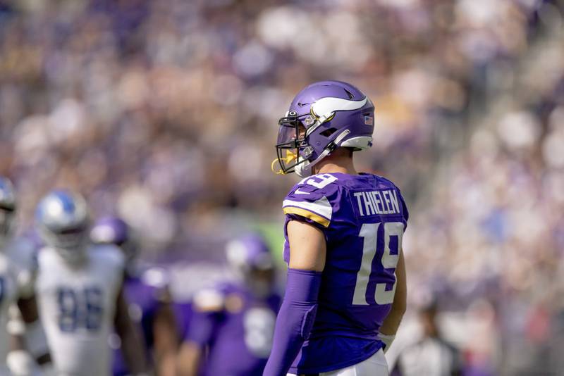 Minnesota Vikings wide receiver Adam Thielen (19) in action during the second half of an NFL football game against the Detroit Lions, Sunday, Sept. 25, 2022 in Minneapolis. (AP Photo/Stacy Bengs)