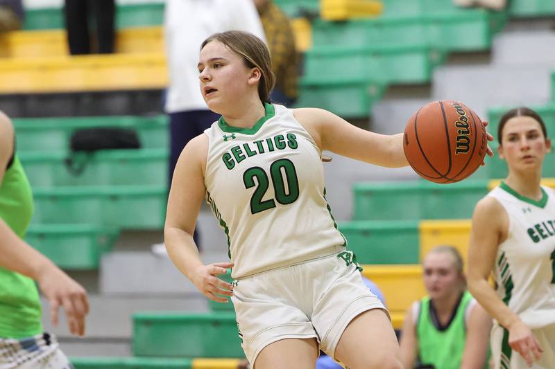 Providence’s Gabi Bednar works the ball against IMSA in the Class 3A Providence Regional Semifinal on Tuesday, February 14th.