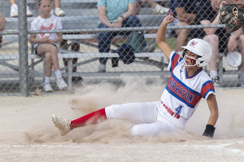 Morrison’s Bella Scachette steals home against Milledgeville Tuesday, May 13, 2025.