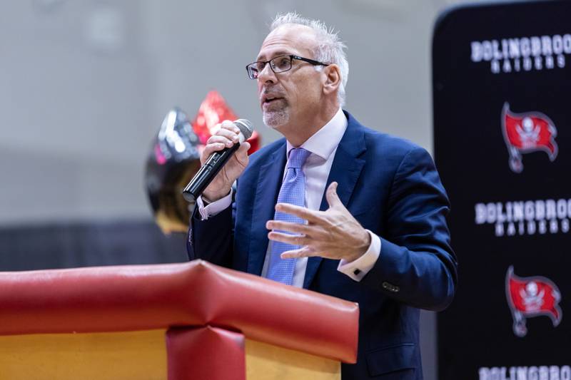 Illinois Superintendent of Education Dr. Tony Sanders shares remarks at the surprise assembly during which Dr. Jaclyn Lennox, Bolingbrook High School’s assistant principal, was honored with the Milken Educator Award at Bolingbrook High School on Oct. 16, 2025.