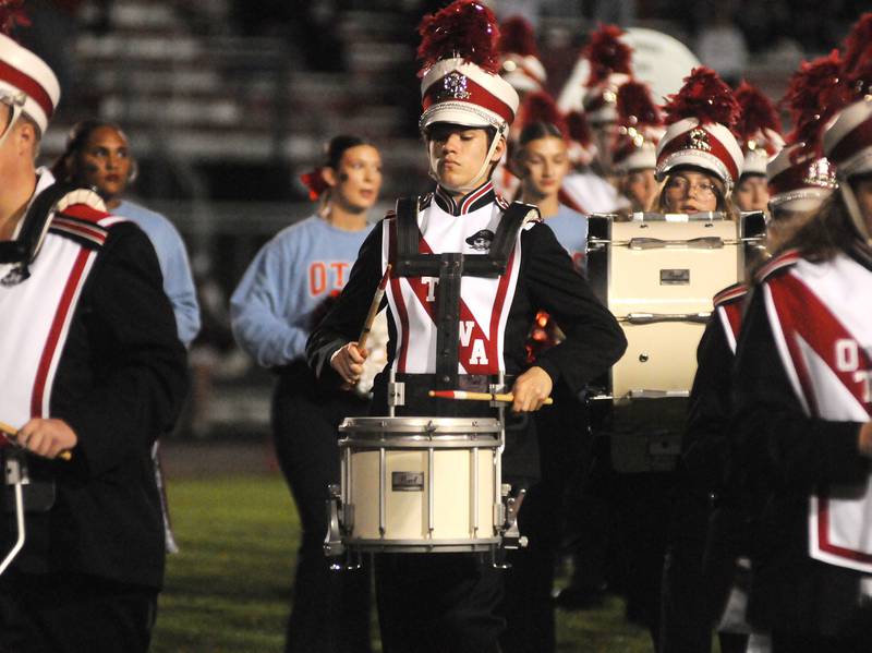 Ottawa marching band percussionist Luke Passwater performs before the football game against Morris on Friday, Oct. 10, 2025 at King Field.