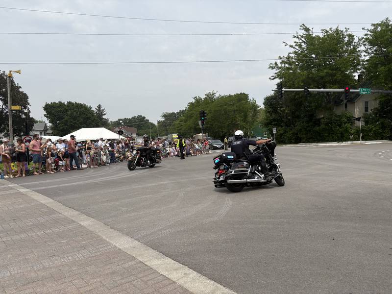 Police motorcycles participate in the Harvard Milk Days parade June 7, 2025.