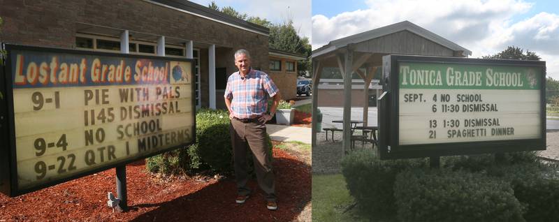 Lostant Grade School superintendent Bob Ketcham poses with the school sign on Tuesday, Sept. 12, 2023. Lostant Grade School now shares a superintendent with Tonica Grade School. The two districts are not merging; but a shortage of educators, including administrators, prompted the districts to hire Ketcham in a rare (but not unprecedented) dual role.