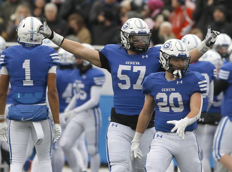 Geneva’s Nicholas Elliott celebrates their win over Cary-Grove in an IHSA Class 6A semifinal football game on Saturday, Nov. 23, 2024, at Geneva High School.