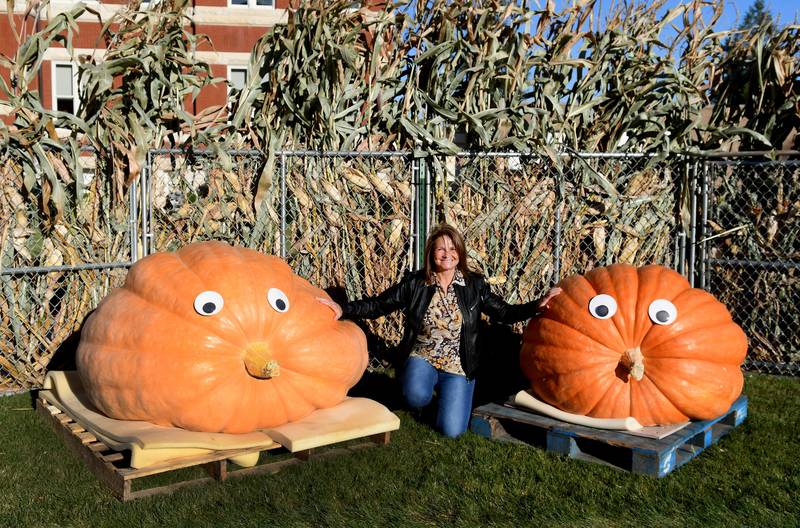 Theresa Miller of Stillman Valley poses between Twaddle D2 (left) and Tank after they were moved to the west side of the historic Ogle County Courthouse in Oregon for this weekend's Autumn on Parade festival.