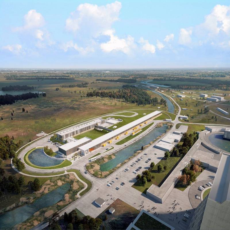 The PIP-II accelerator project at the Fermilab campus in Batavia has received full approval for construction, including a new superconducting radio-frequency linear particle accelerator. This rendering shows the site of the PIP-II complex.
