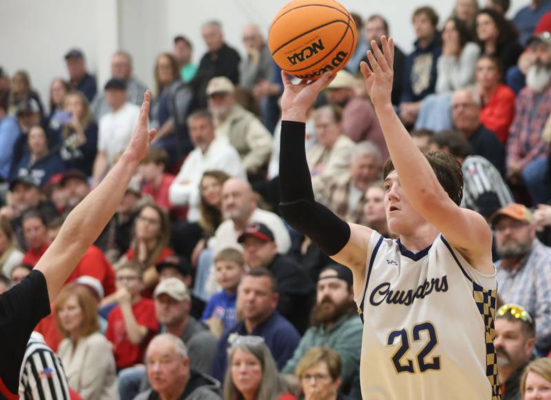 Marquette's Griffin Dobberstein shoots a jump shot against Indian Creek during the Class 1A Sectional game on Friday, March 6, 2026 at Amboy High School.