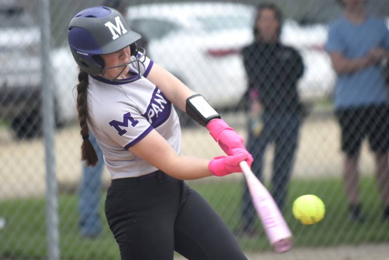 Manteno's Mady Dye hits a pitch during a home game against Herscher Tuesday, May 12, 2026.